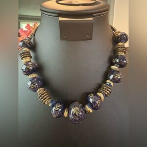 Brass Spacer Beads Blue Beaded Hand Knotted Necklace 17" Handmade